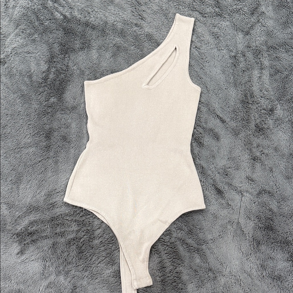 Fashion Nova Cream/beige Asymmetrical Bodysuit
